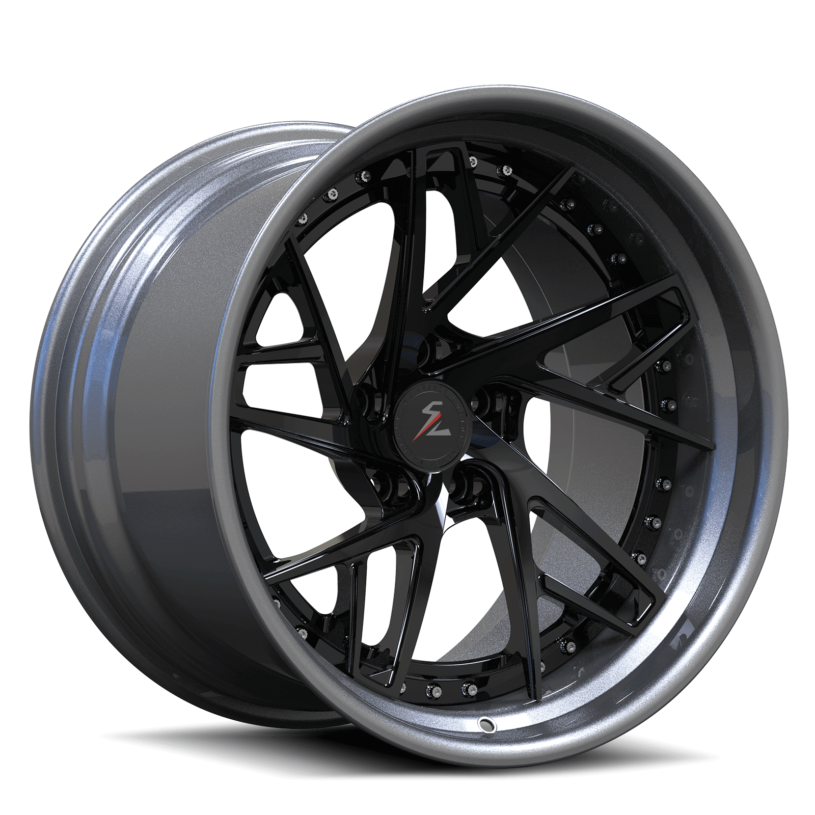 Splux SC-01 custom forged 2-piece deep concave multi-spoke wheels for Chevy Impala — three-quarter angle.