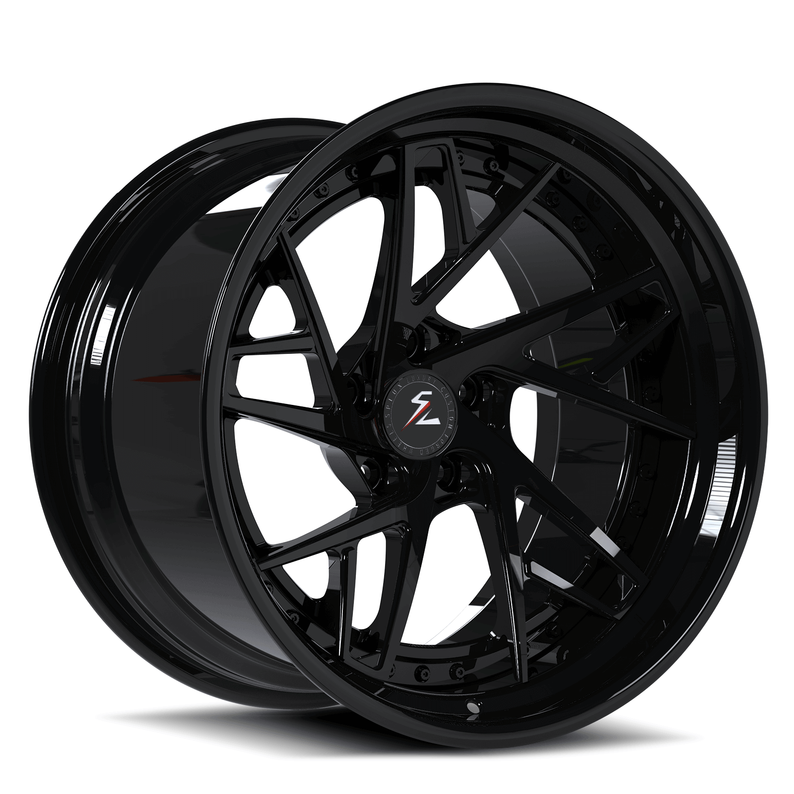 Splux SC-01 custom forged 2-piece super concave multi-spoke wheels for Chevy Impala — rear barrel angle.