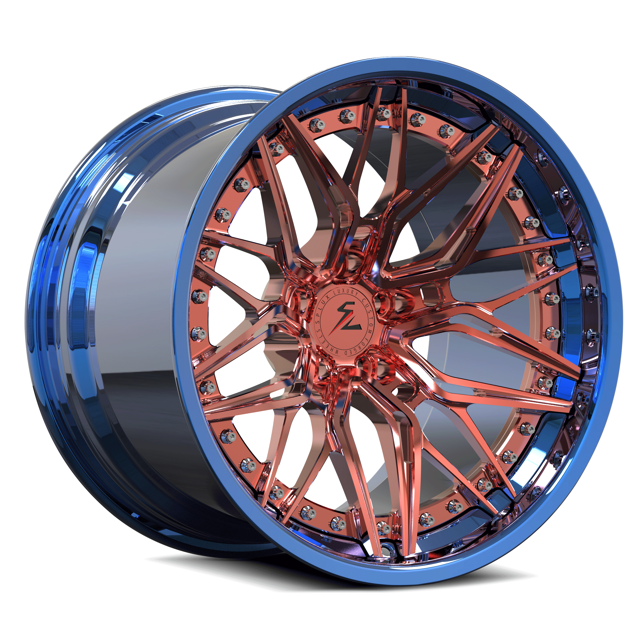 Blue Jeep wheels and rims with a deep dish version. Polished blue and rose gold finish for a shiny look.