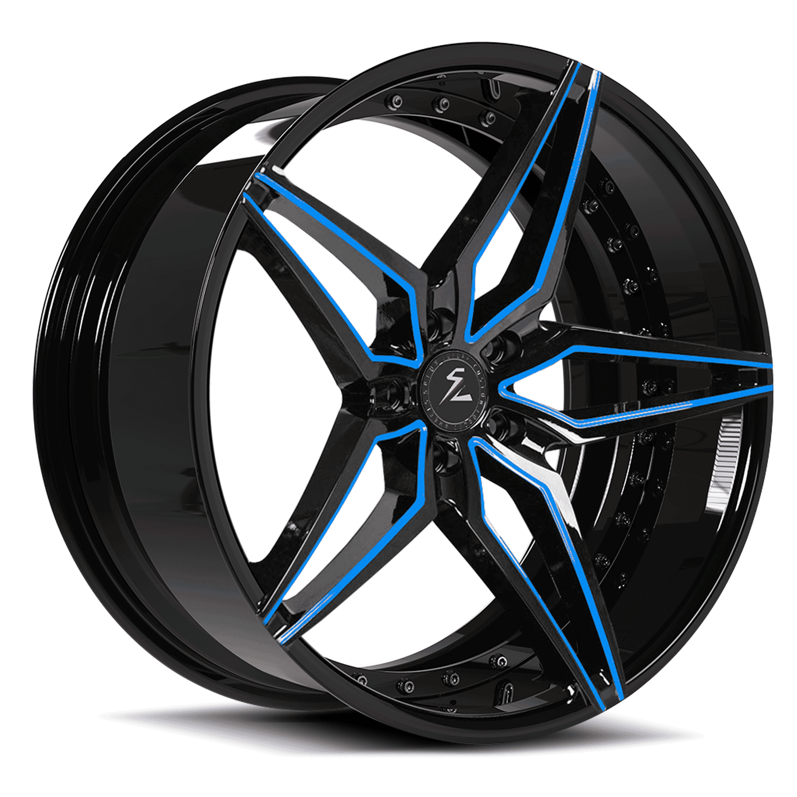 Dodge Challenger 20-inch 5-spoke black rims with a blue face. Fully forged monoblock performance wheels for the Challenger.