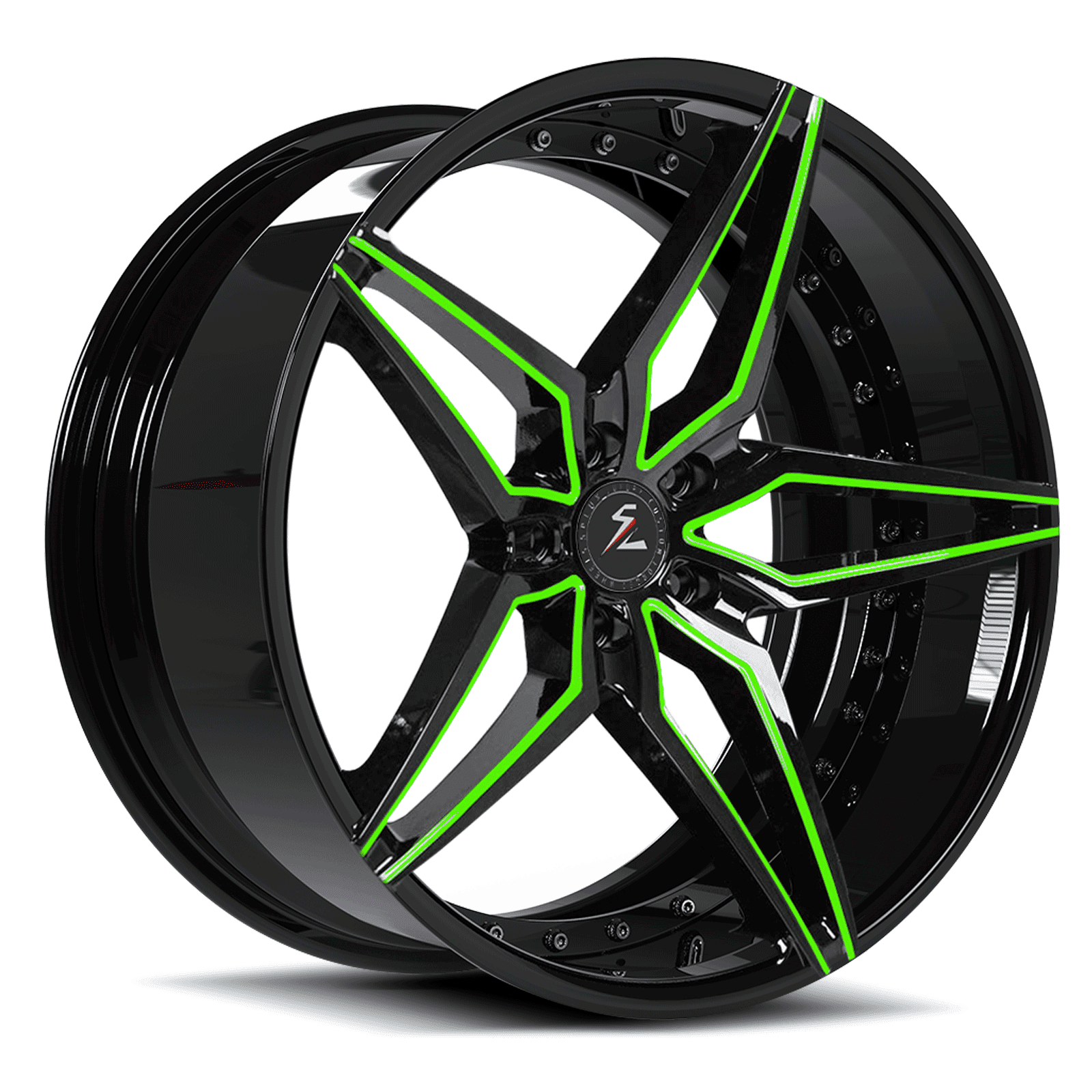 6-lug 5-spoke rims with decorative rivets. Green accents and black finish for pickup trucks—upgraded performance wheels.