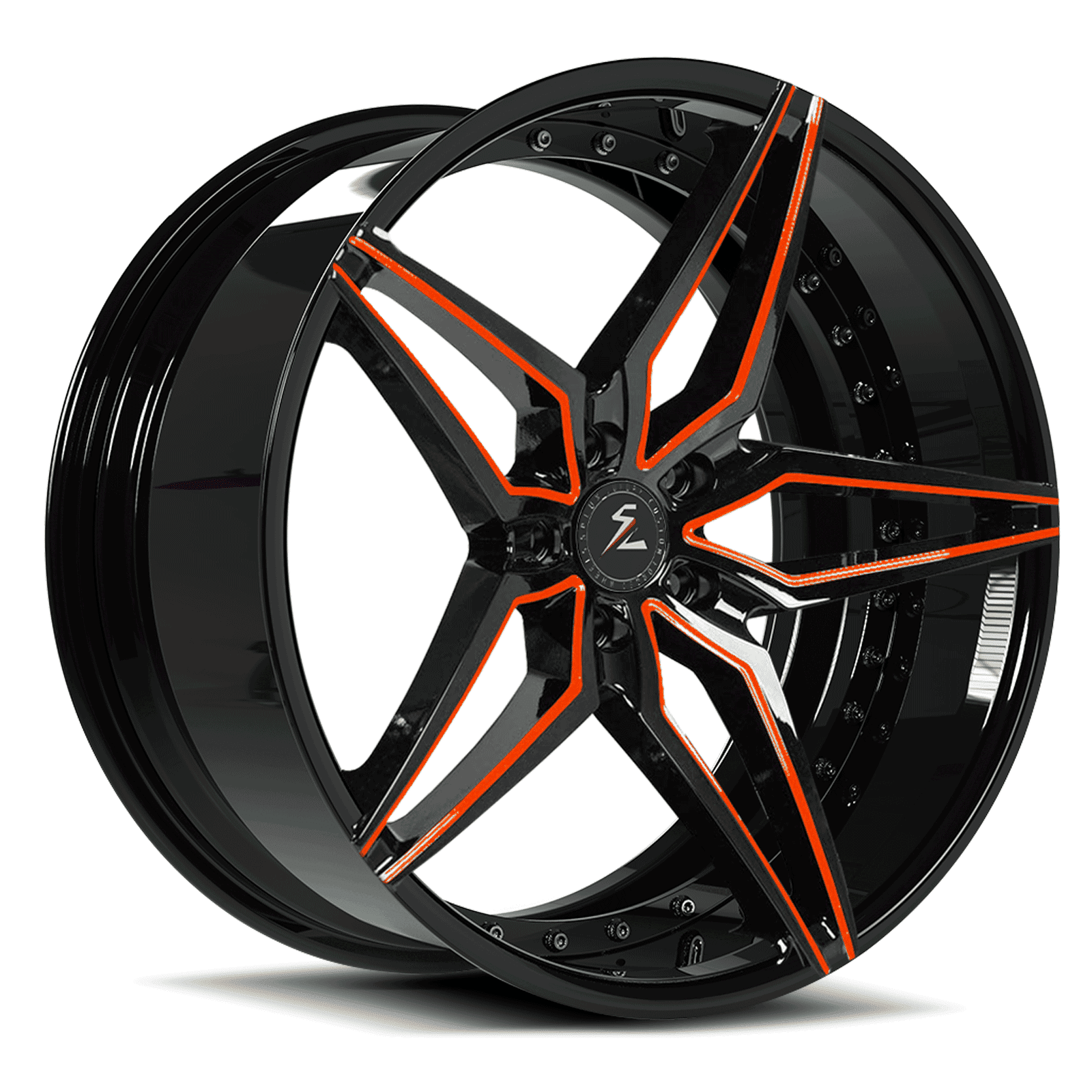 22in 5 spoke wheel 6 on 5.5 with rivets. Orange star-shaped face and black finish to match truck accents. 
