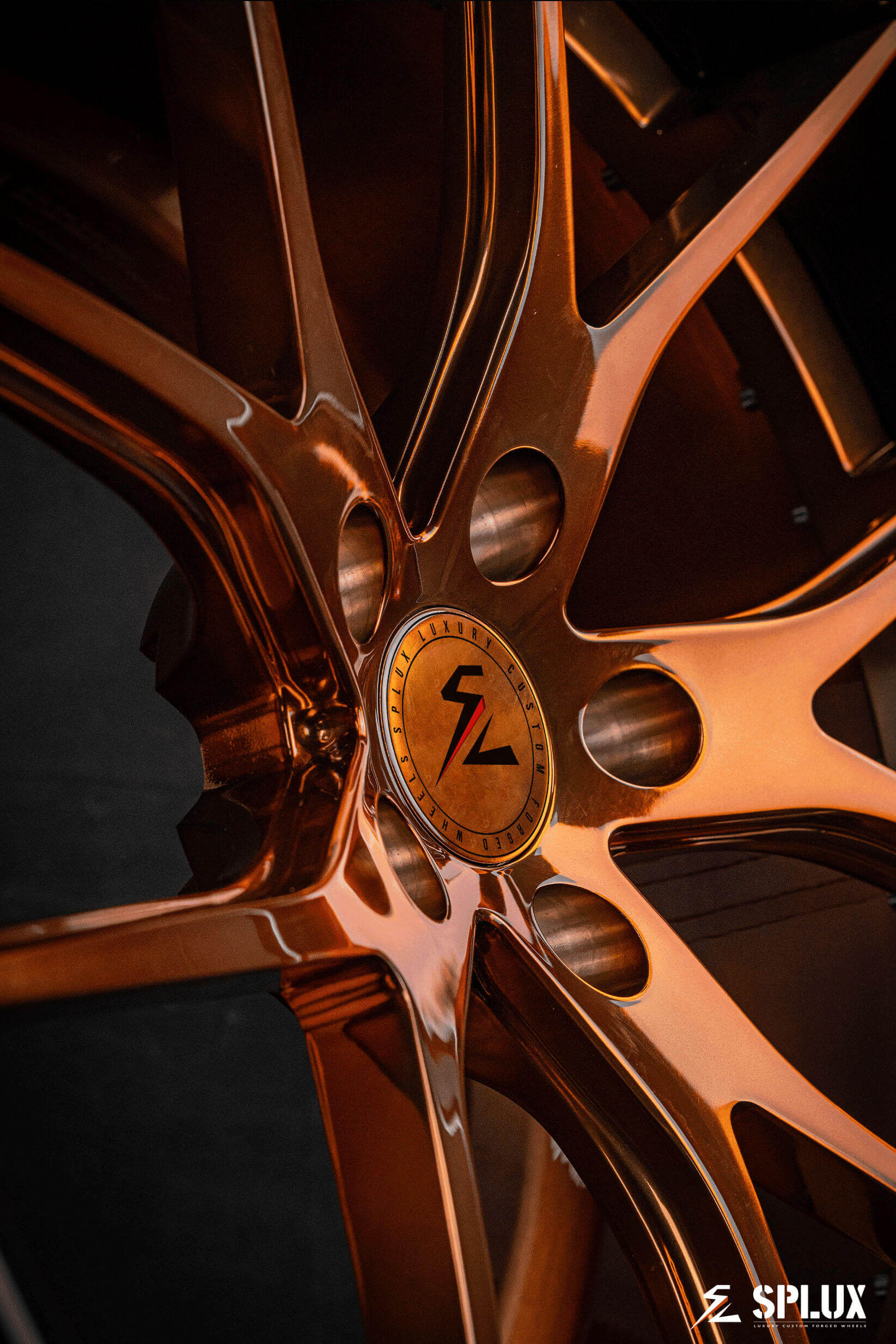 Close-up of 21 x 13 brushed wheels for 2024 Corvette C8 Z06 HTC, highlighting a hot transparent copper finish and super concave profile.