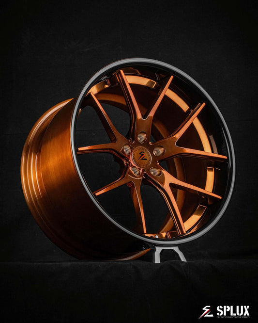 21 x 13 brushed wheels with a hot transparent copper finish for 2024 Corvette C8 Z06 HTC, emphasizing the super concave design.