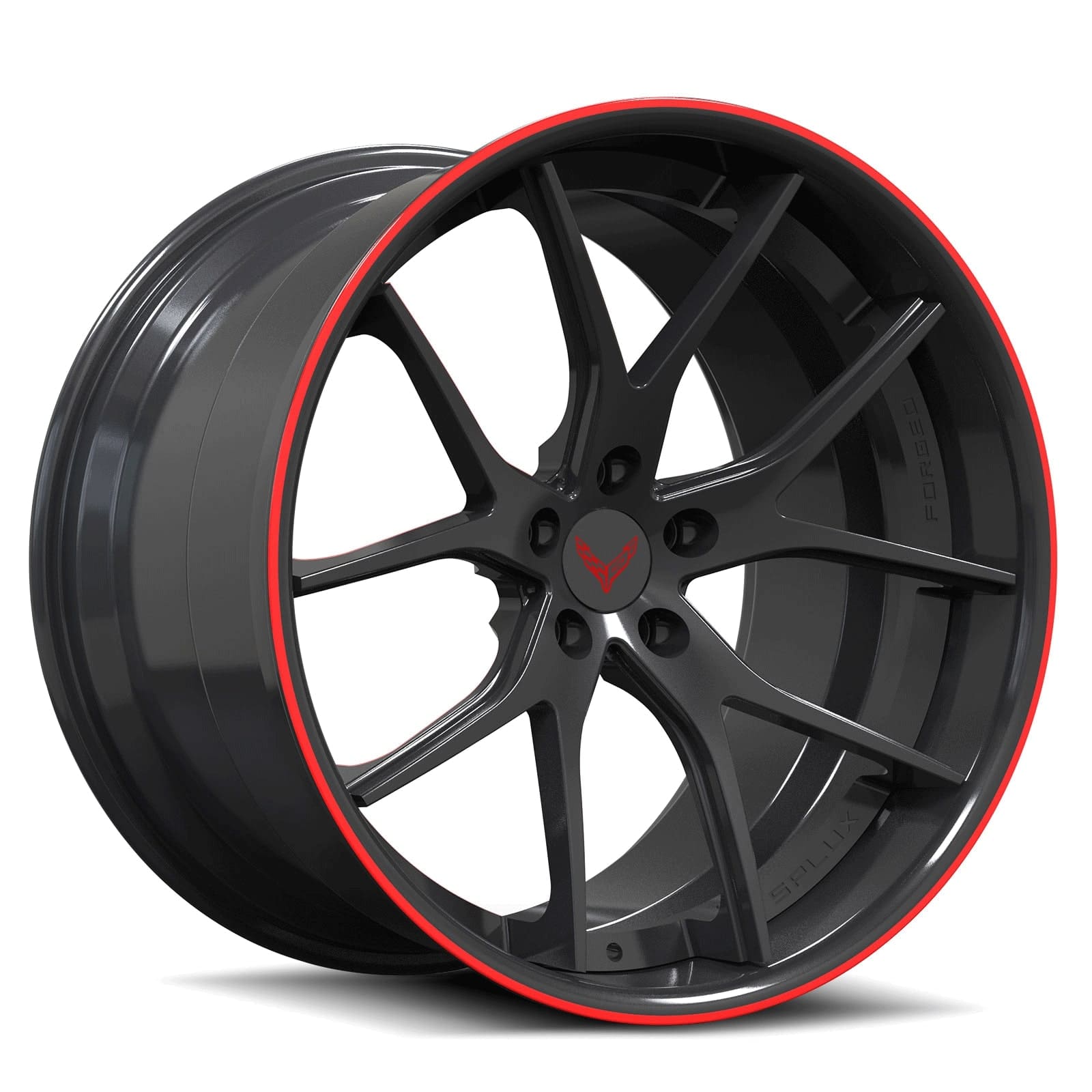 Black and red 22-inch rims for Corvette C8 and C7. Concave and deep dish design with hidden rivets and Corvette logo.