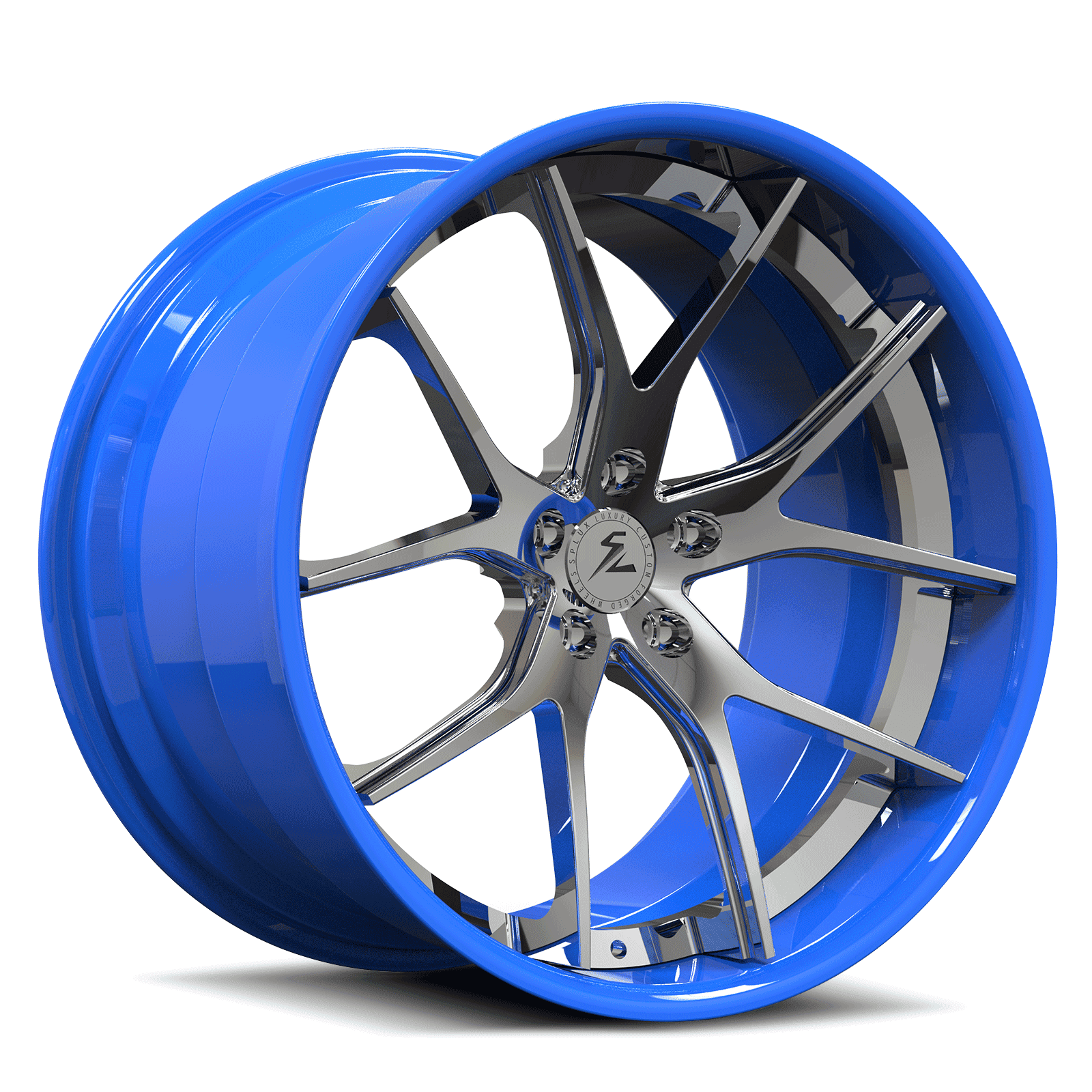 C6 Corvette in blue with chrome spokes. Concave and deep dish style from Splux SC-04 aftermarket rims.