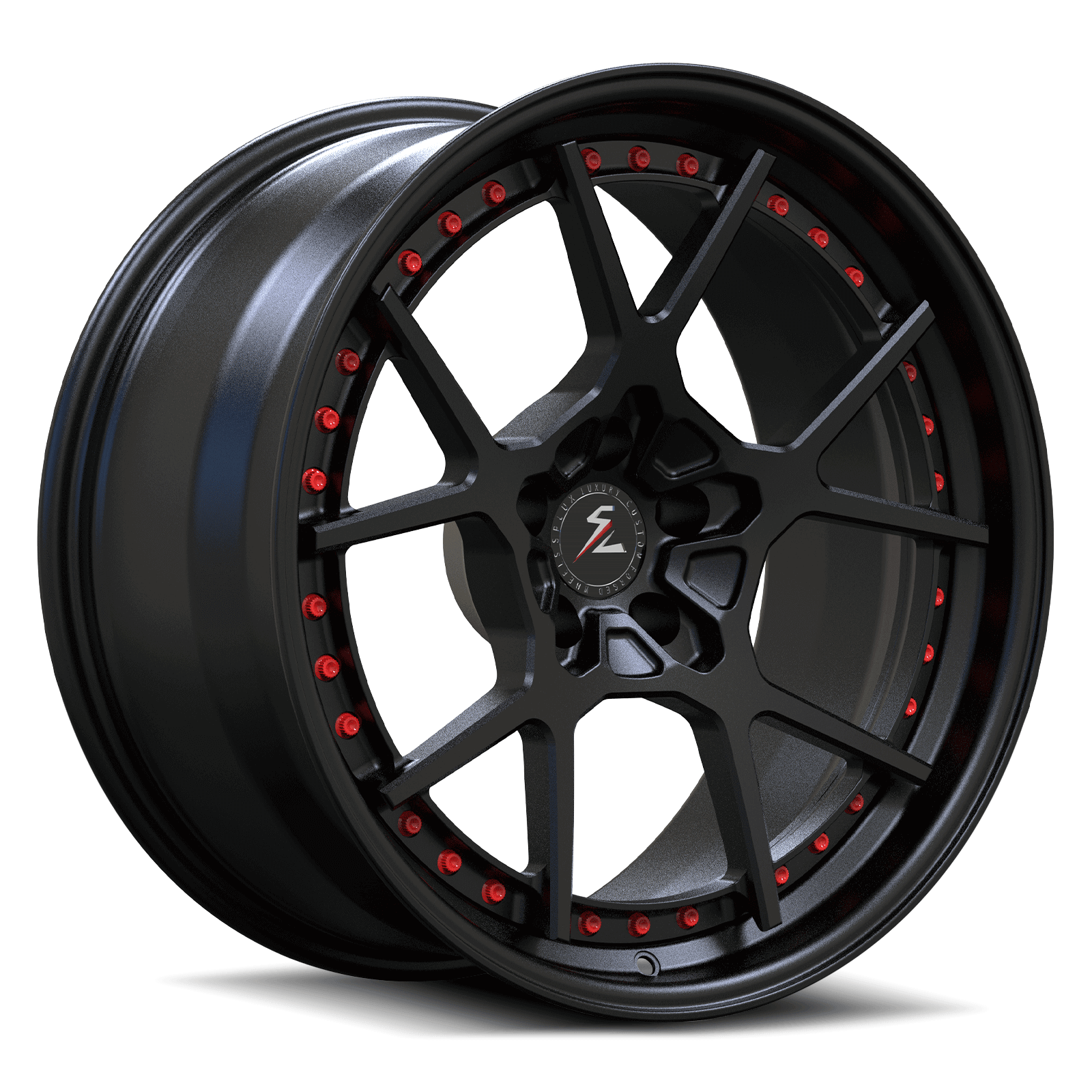 17 inch satin black forged wheels with Y spoke design, featuring a super concave profile and rivets, ideal for aftermarket rims.