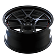 Detailed view of 19 inch aftermarket wheels with satin black finish, Y spoke design, and super concave profile, featuring rivets.