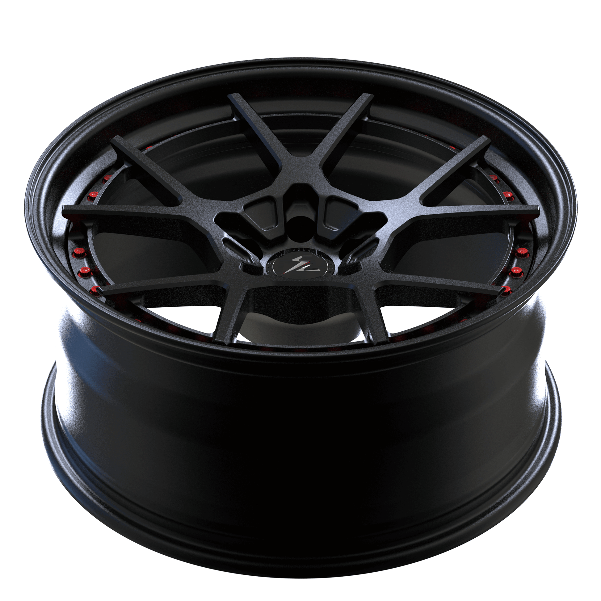 Detailed view of 19 inch aftermarket wheels with satin black finish, Y spoke design, and super concave profile, featuring rivets.