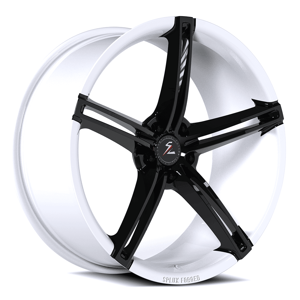 BMW 5-spoke wheels with black spokes and a white barrel. Two-tone finish, fully forged lightweight monoblock rims.