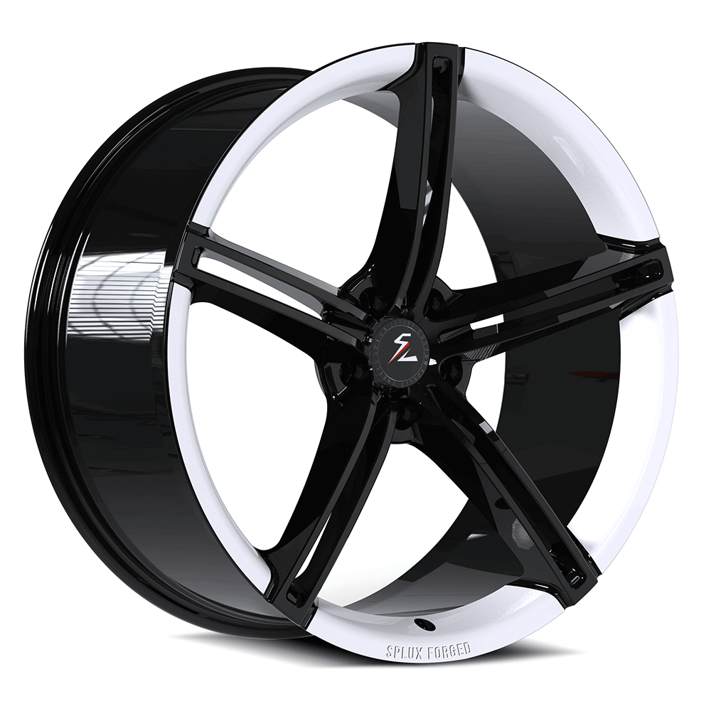 White and black wheels for Tesla Model 3: Custom forged 2-piece SC-06 5-spoke concave rims, 6061-T6 lightweight design.