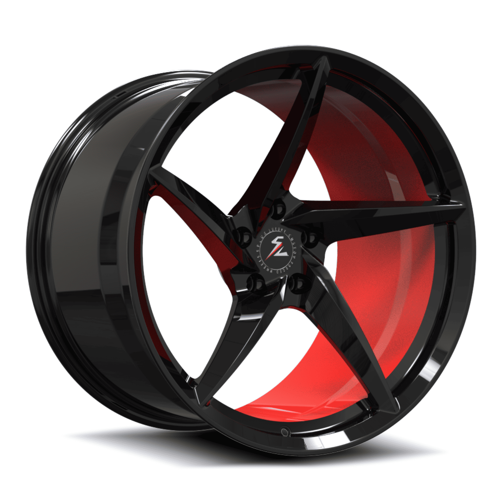 Splux SC-09M black and red forged monoblock super concave 5-spoke wheels for Dodge Challenger RT Scat Pack Widebody — fitment angle.