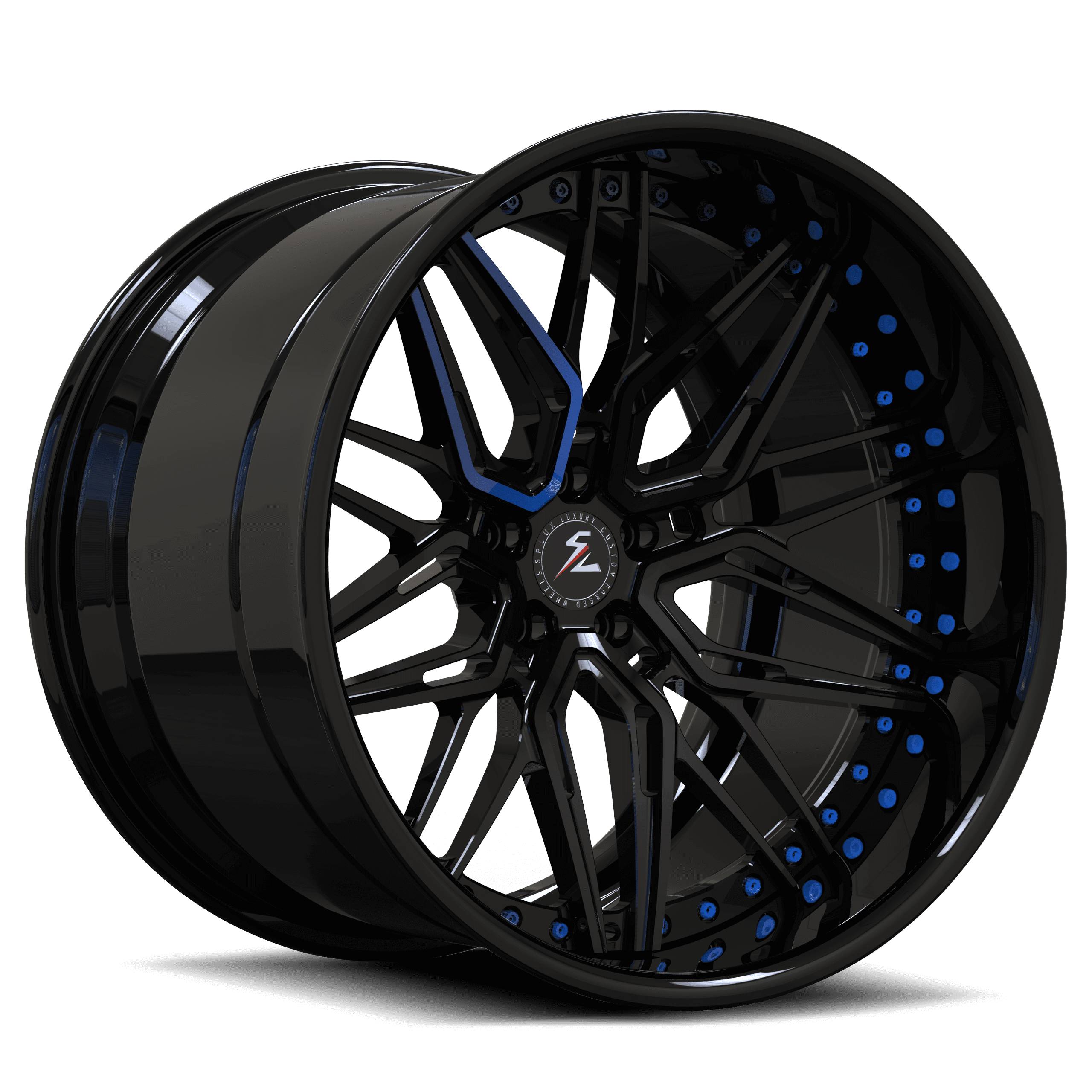 Splux SD-01 black with blue accents forged 2-piece super deep dish wheels for Subaru WRX — face and barrel view.