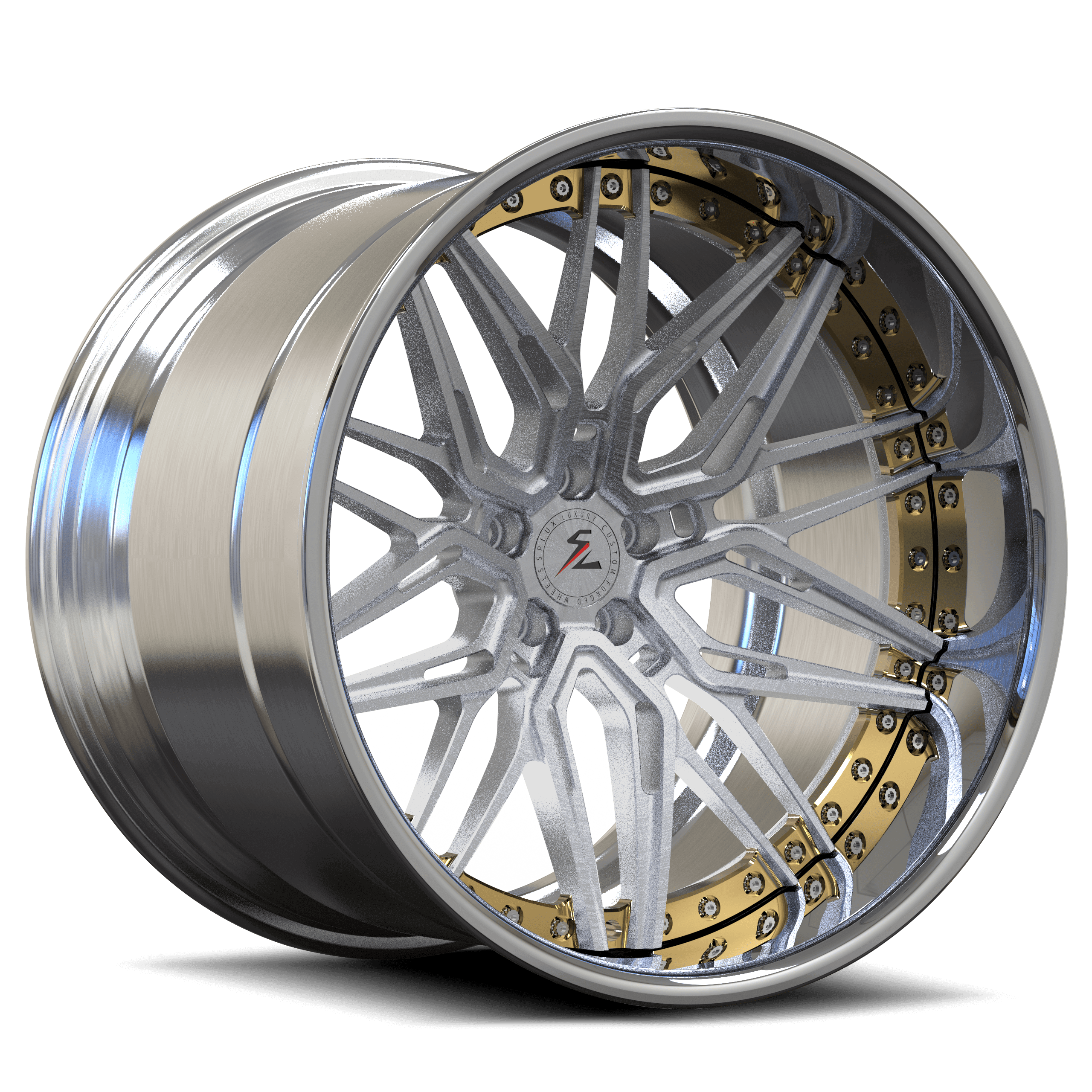 Splux SD-01 gold and polished lip forged 2-piece super deep dish wheels for Range Rover Sport — face and lip detail.