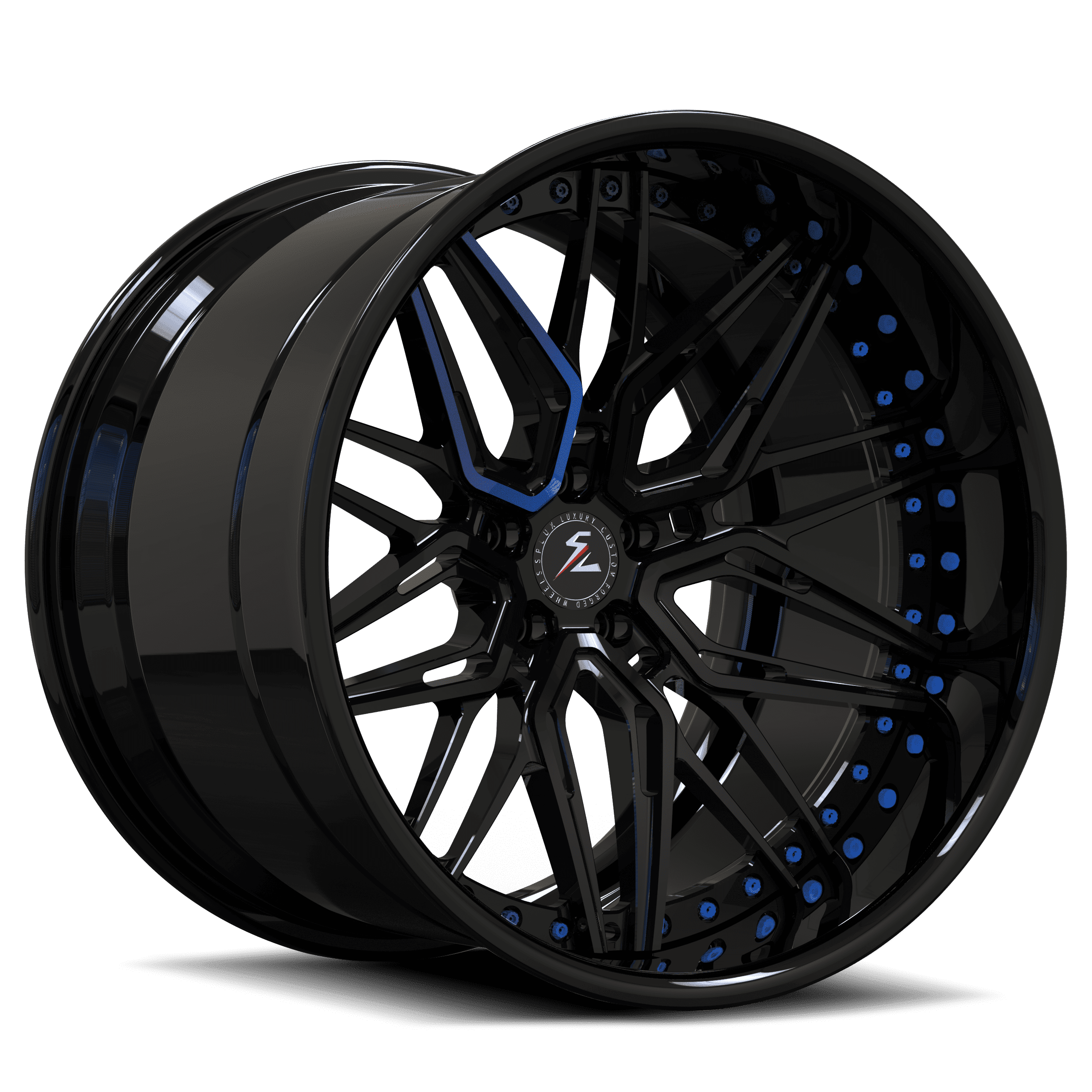 Black rims with blue accents and rivets.Deep lip aftermarket wheels for Mustang,Hellcat,Dodge Challenger,Charger,Corvette.