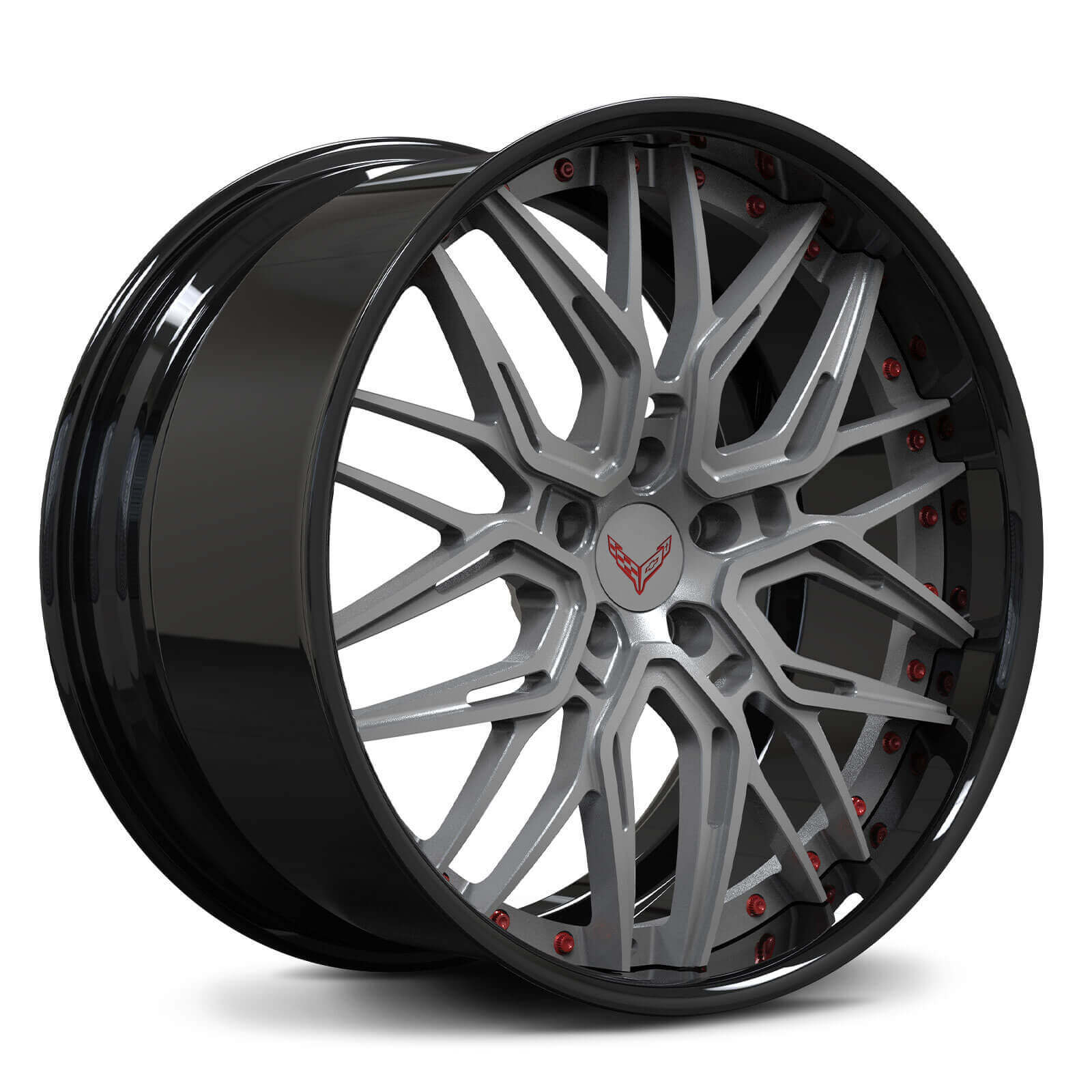 Gray car with red rims, featuring 20