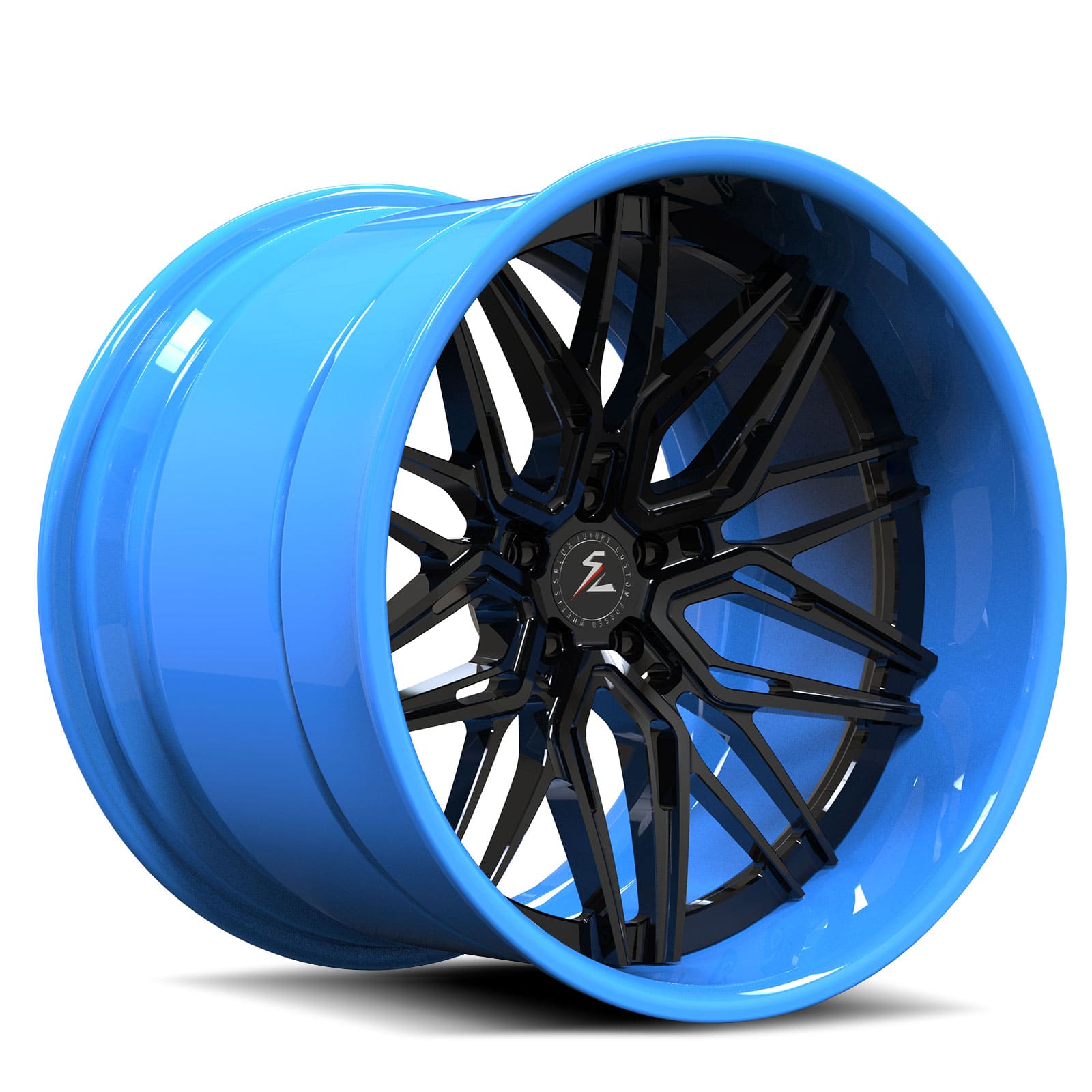 20x9 5x114.3 black with blue wheels, a deep dish version. OEM lug nuts available and a perfect fit.
