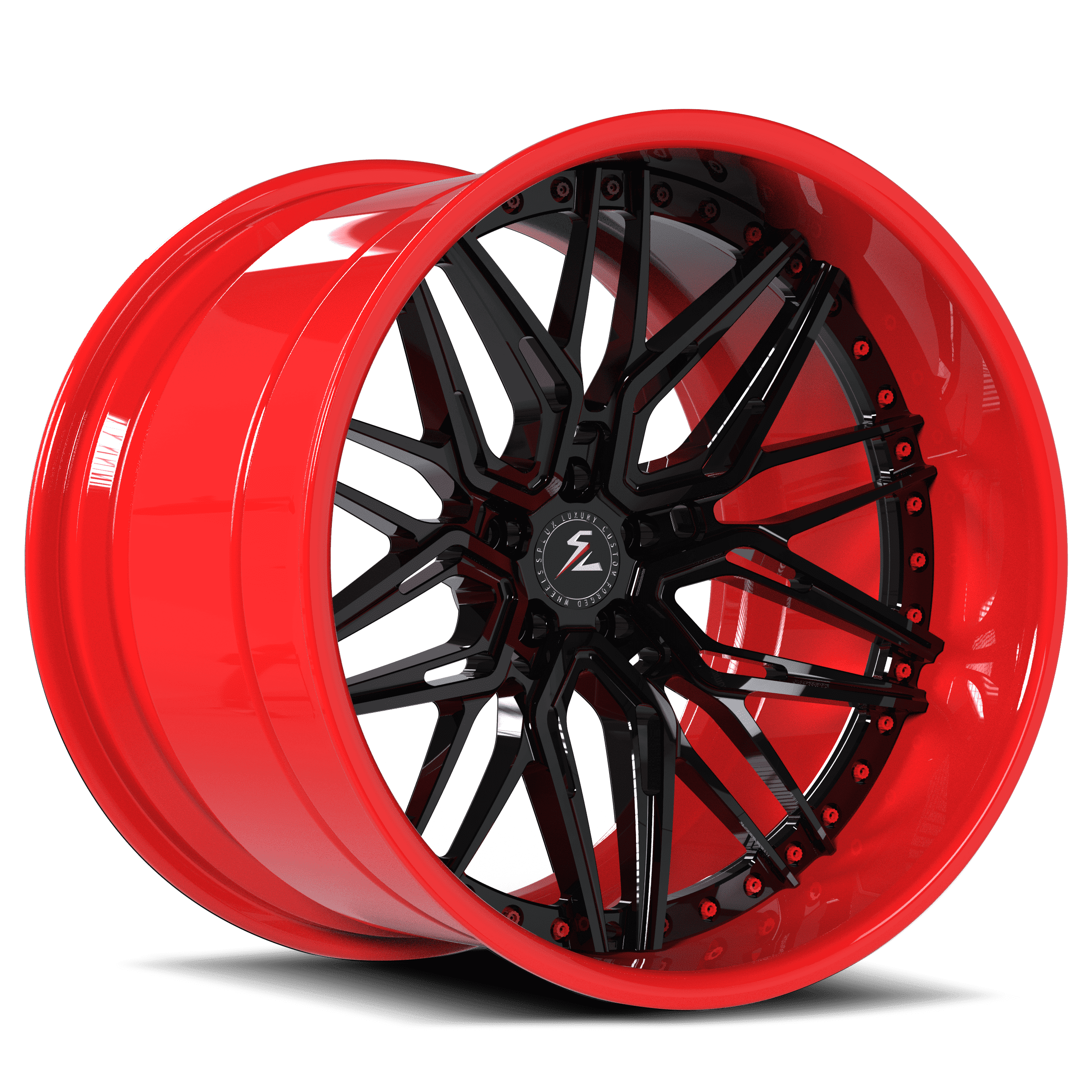 Truck rims in black and red, available in 18-inch, 17-26 inch sizes. Custom offsets featuring a super deep dish look.