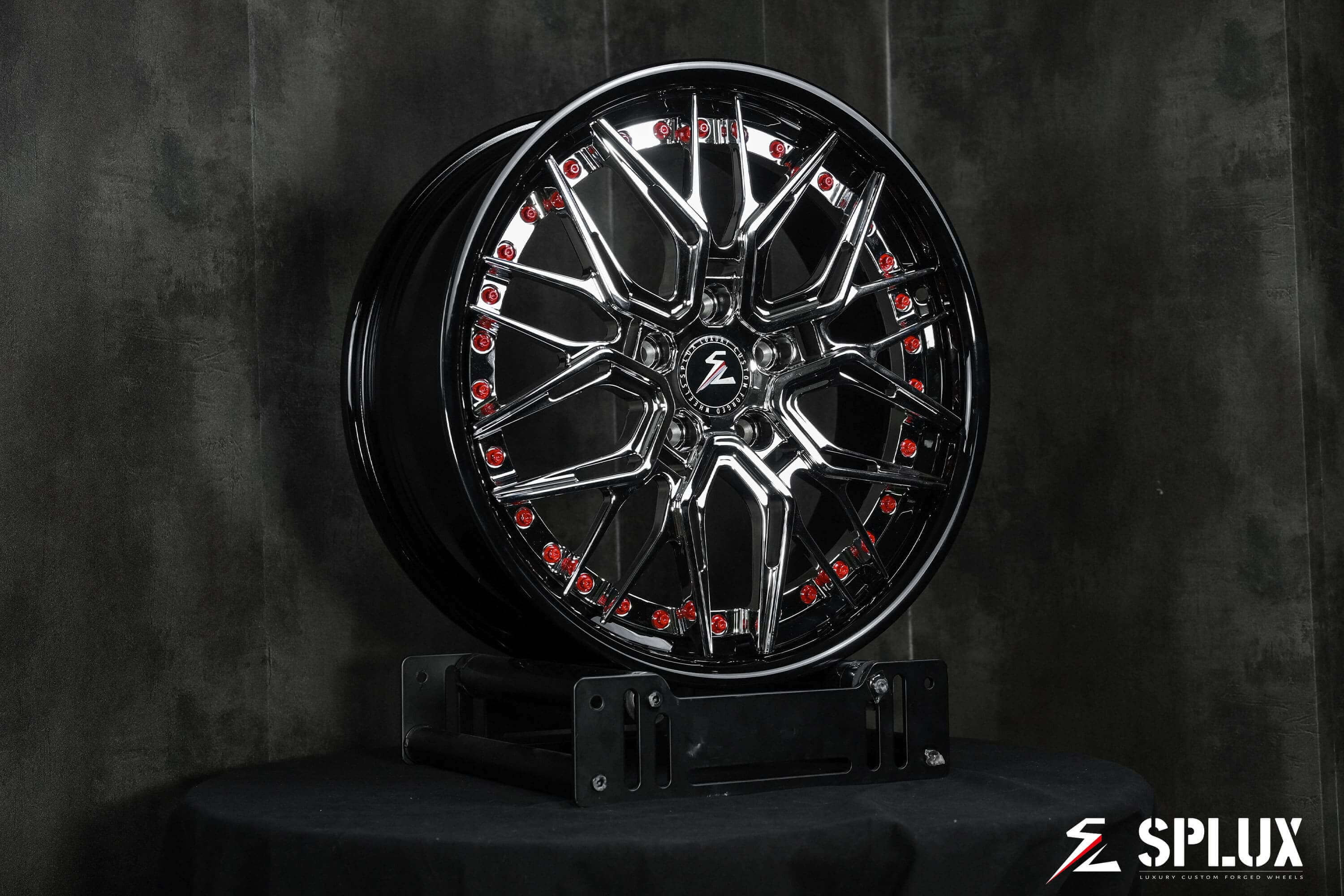 Mini Cooper rims in black and chrome by Splux. Luxury custom fully forged Deep Dish SD-01 aftermarket wheels in 19