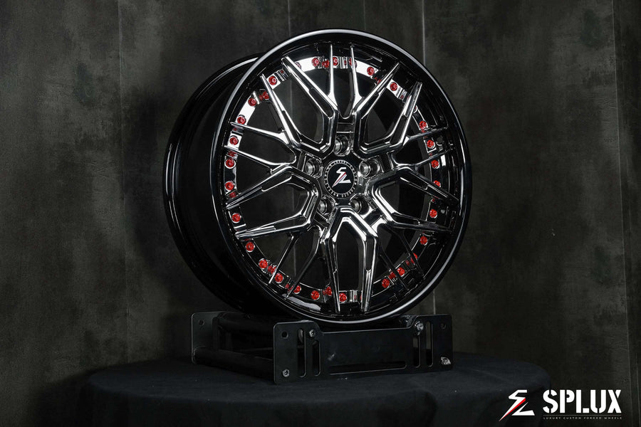 Mini Cooper rims in black and chrome by Splux. Luxury custom fully forged Deep Dish SD-01 aftermarket wheels in 19