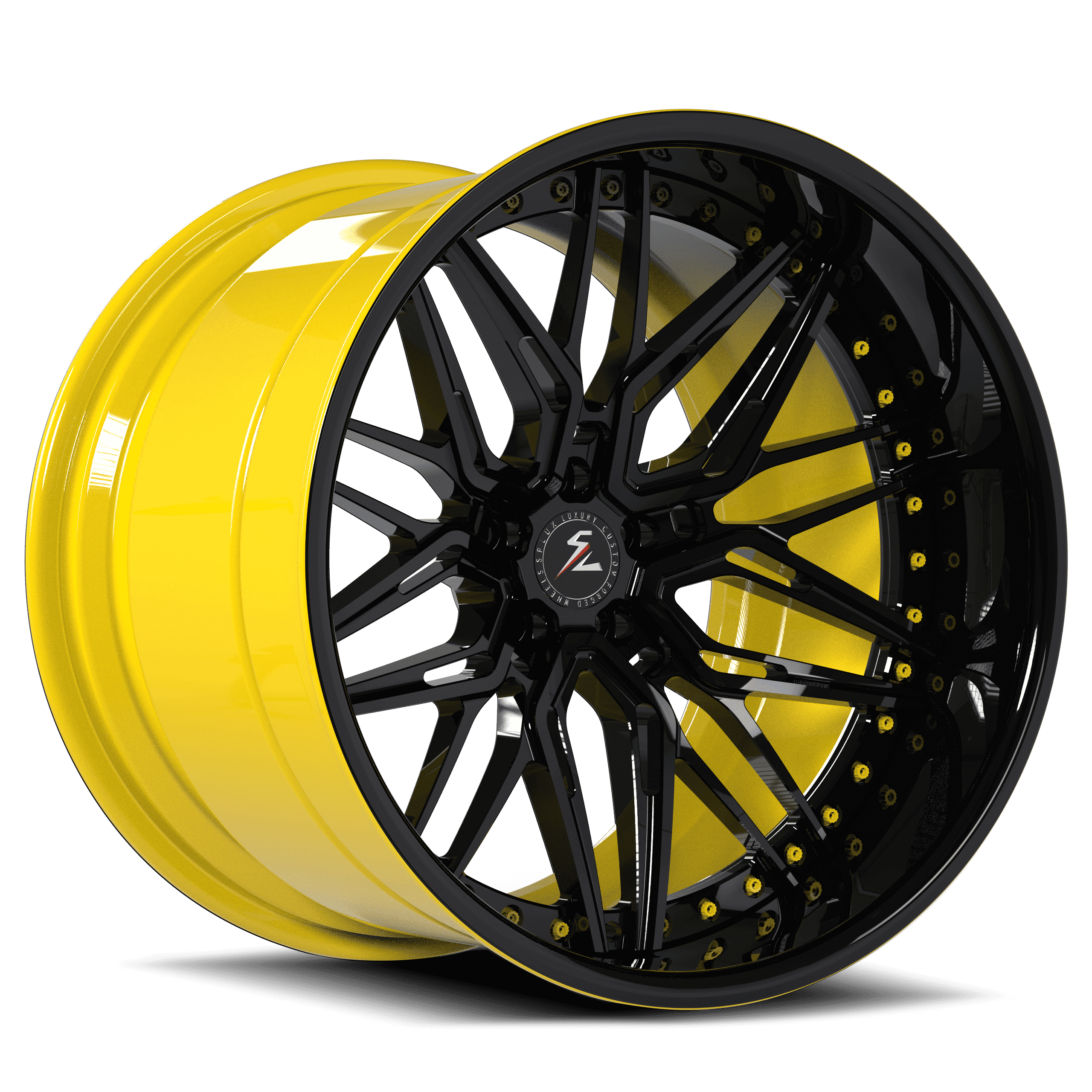 Deep dish rims for Mustang,GT,and Shelby with staggered setup.Custom color options like yellow to match your car's body color
