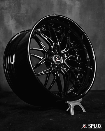 Dodge Challenger 20x10.5 wheels with a deep dish. Custom forged 2-piece rims for R/T Scat Pack with an all-black finish.