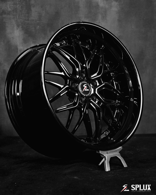 Dodge Challenger 20x10.5 wheels with a deep dish. Custom forged 2-piece rims for R/T Scat Pack with an all-black finish.