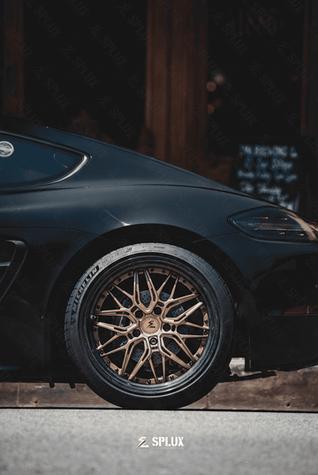 Splux SD-01S forged 2-piece wheel with carbon fiber wrapped lip, luxury bronze finish, for Porsche aftermarket performance.