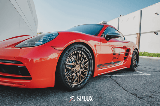 Porsche with Splux SD-01S forged rims featuring carbon fiber wrapped lip, bronze finish, and luxury deep dish design.