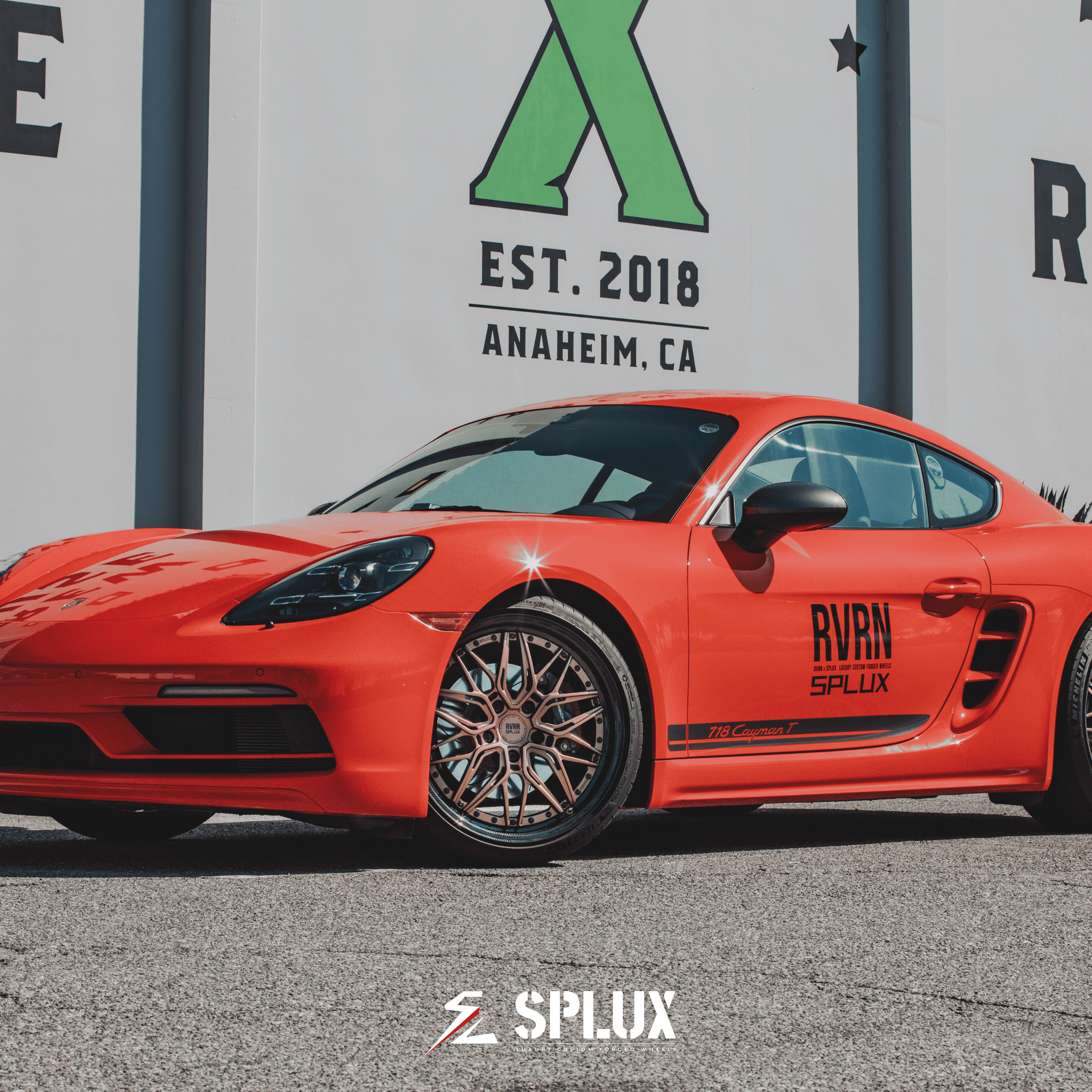 Porsche 718 with Splux SD-01S forged rims featuring carbon fiber wrapped lip and luxury bronze finish.