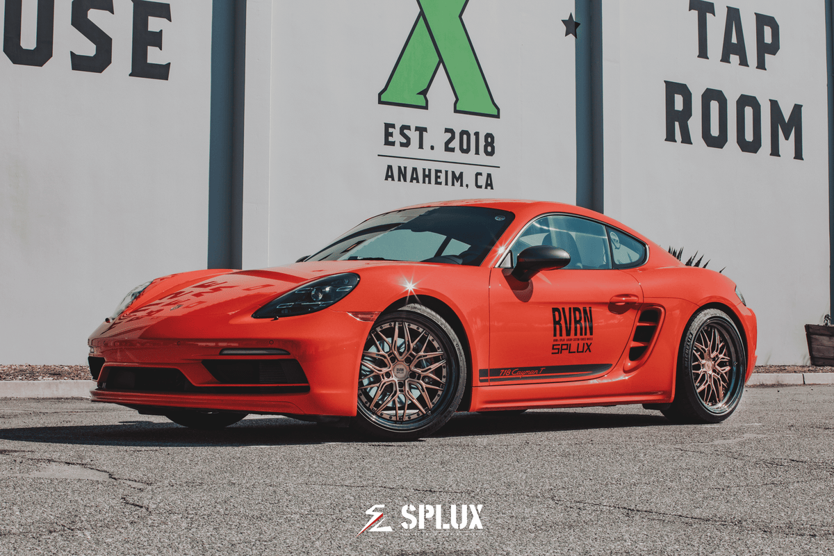 Porsche 718 with Splux SD-01S forged rims featuring carbon fiber wrapped lip and luxury bronze finish.