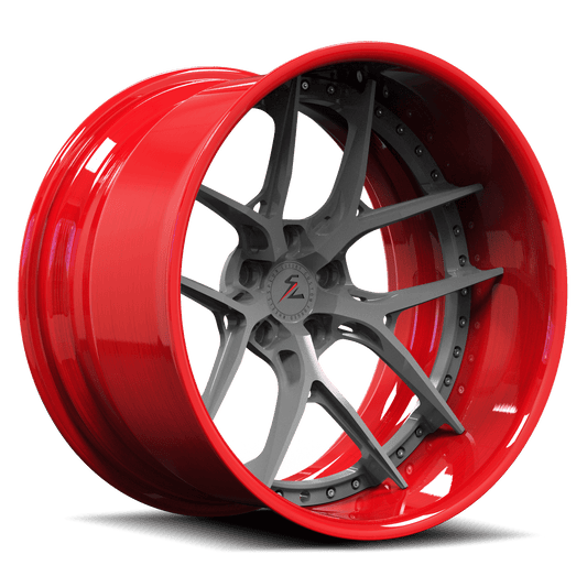 Splux SD-02 gunmetal and red forged 2-piece super deep dish wheels for Chevrolet Corvette Z51 2LT — face and barrel view.