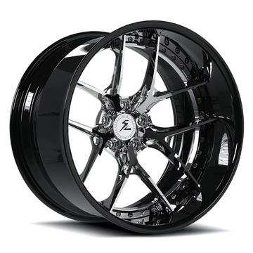 Splux SD-02 gloss chrome and black barrel forged 2-piece deep dish wheels for Chevy C10 — face and contrast finish detail.