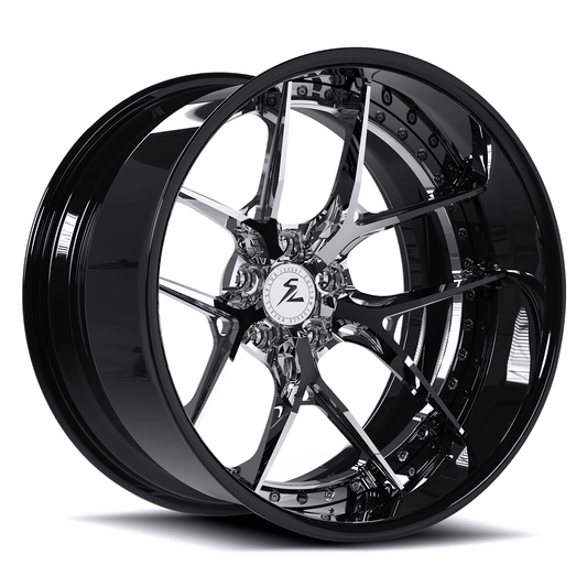 Splux SD-02 gloss chrome and black barrel forged 2-piece deep dish wheels for Corvette Z06 — face and contrast finish detail.