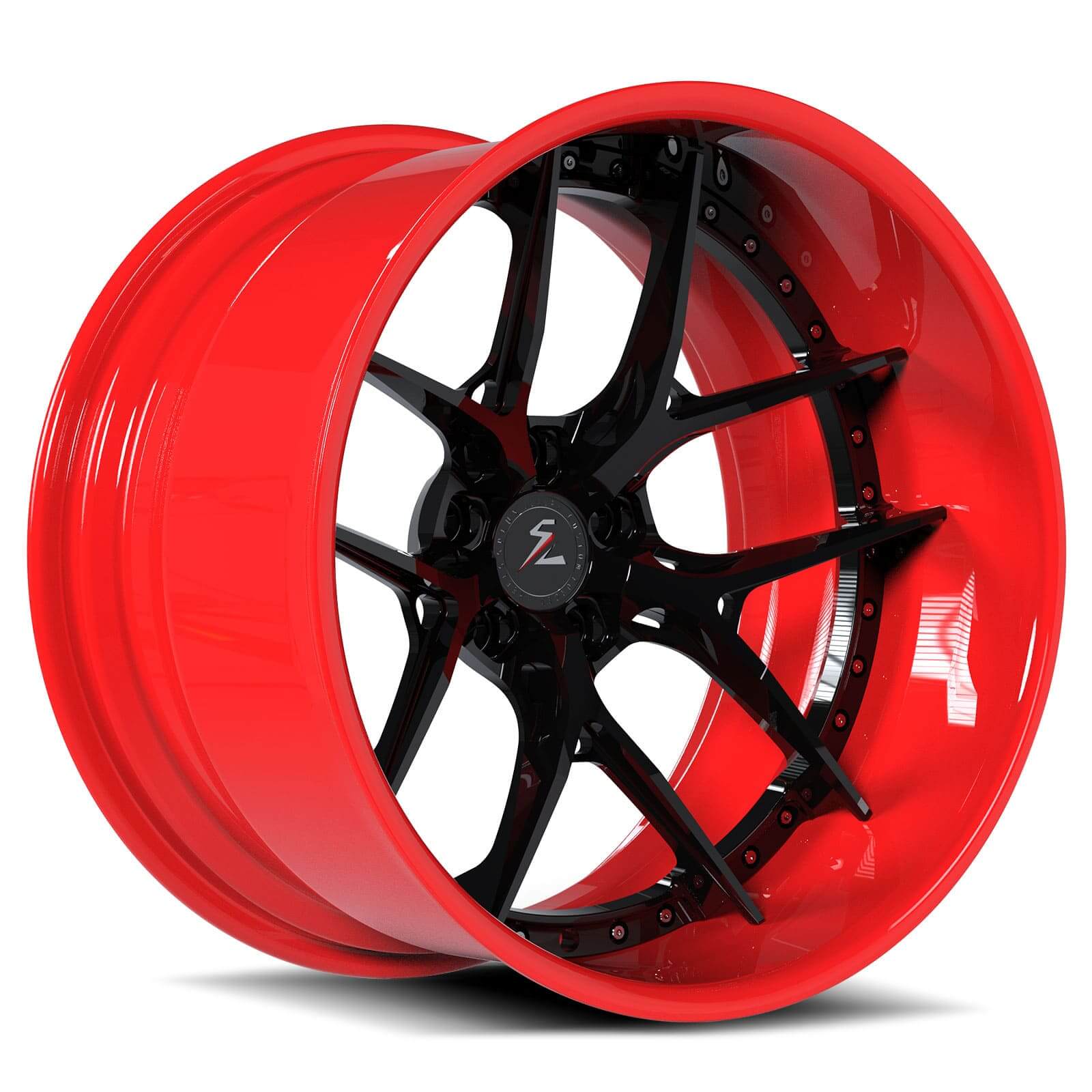 Red and black rims for trucks, like Jeep. Y-spoke deep dish design with a high-quality powder-coated finish.