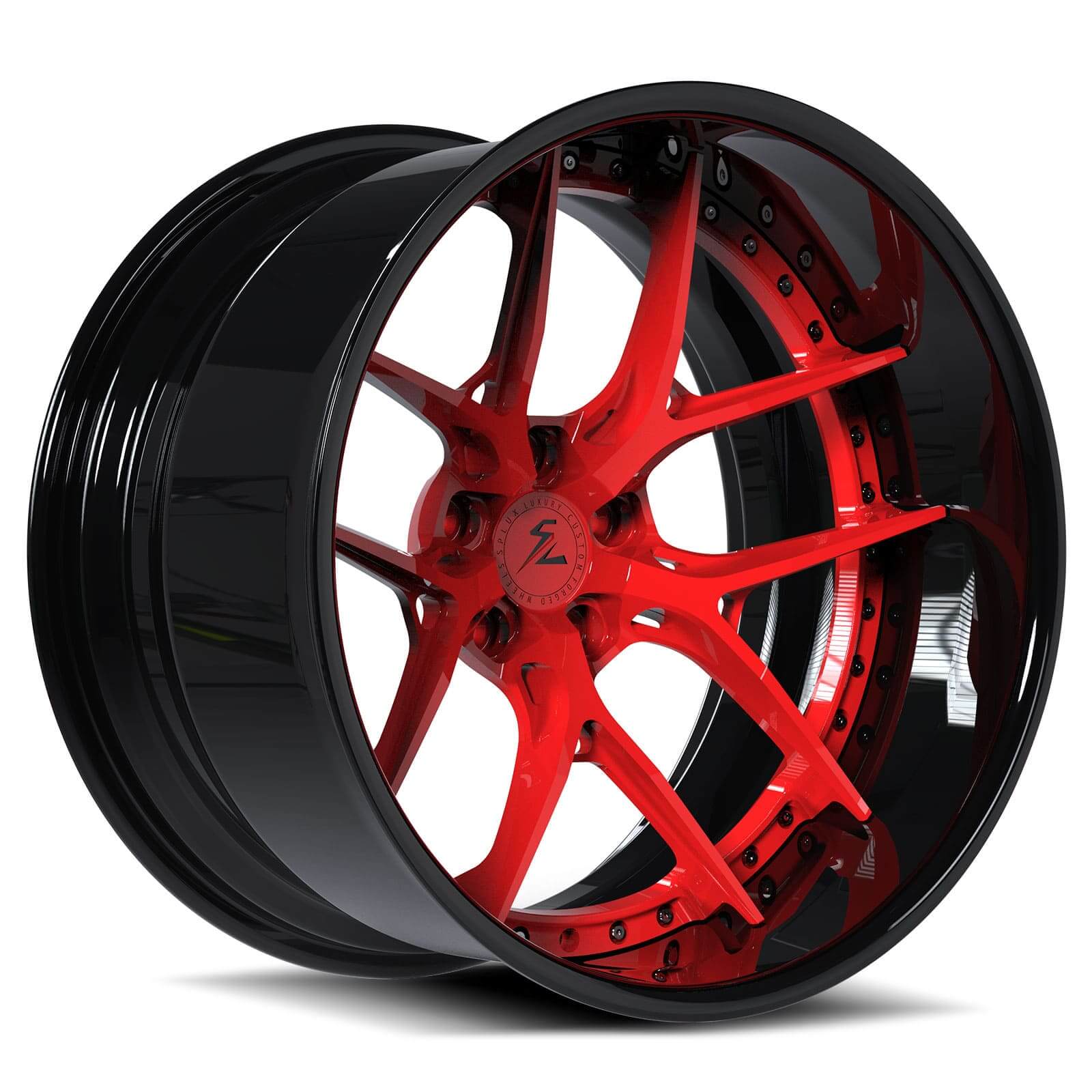 Black and red 20-inch rims for Dodge Charger and Challenger. Deep dish custom offset wheels.