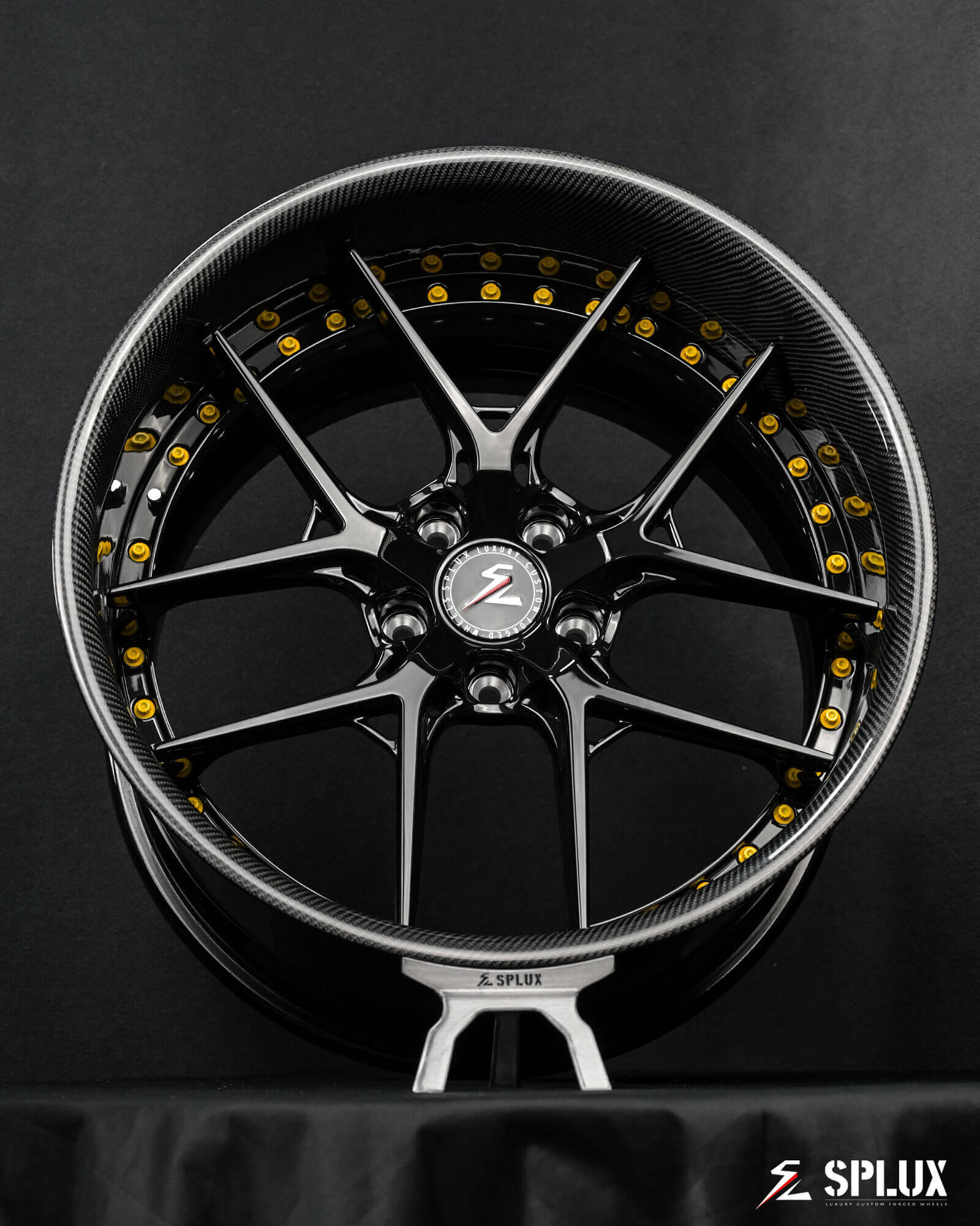 Best wheels for C6 Corvette by Splux SD-02. Deep dish show car wheels with a carbon fiber black finish.