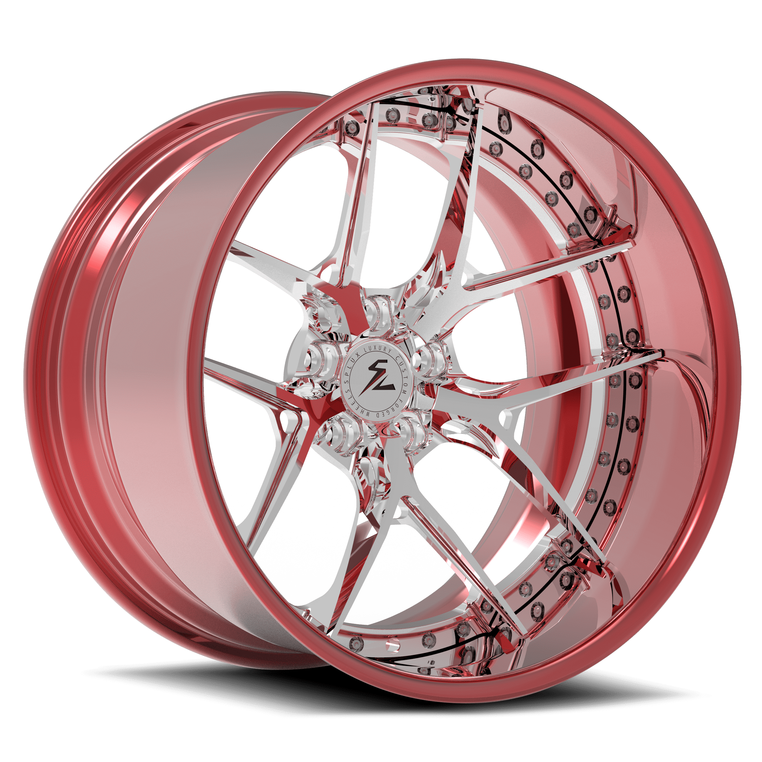 Porsche deep dish wheels with rose gold and chrome. Aftermarket forged 2-piece lightweight rims for enhanced performance.