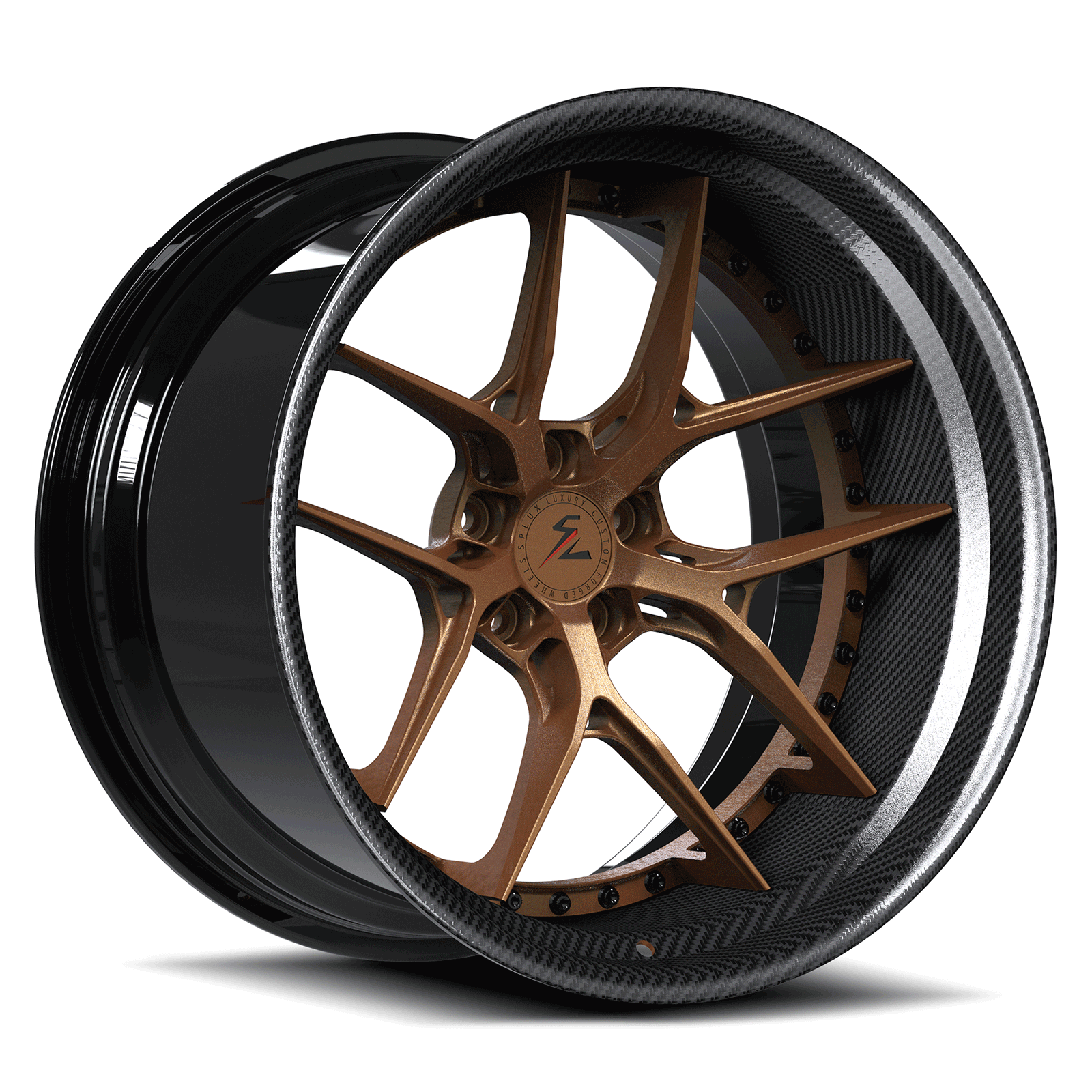 Splux SD-02S carbon fiber and bronze forged 2-piece super deep dish step-lip wheels for Buick Regal — face-on view.