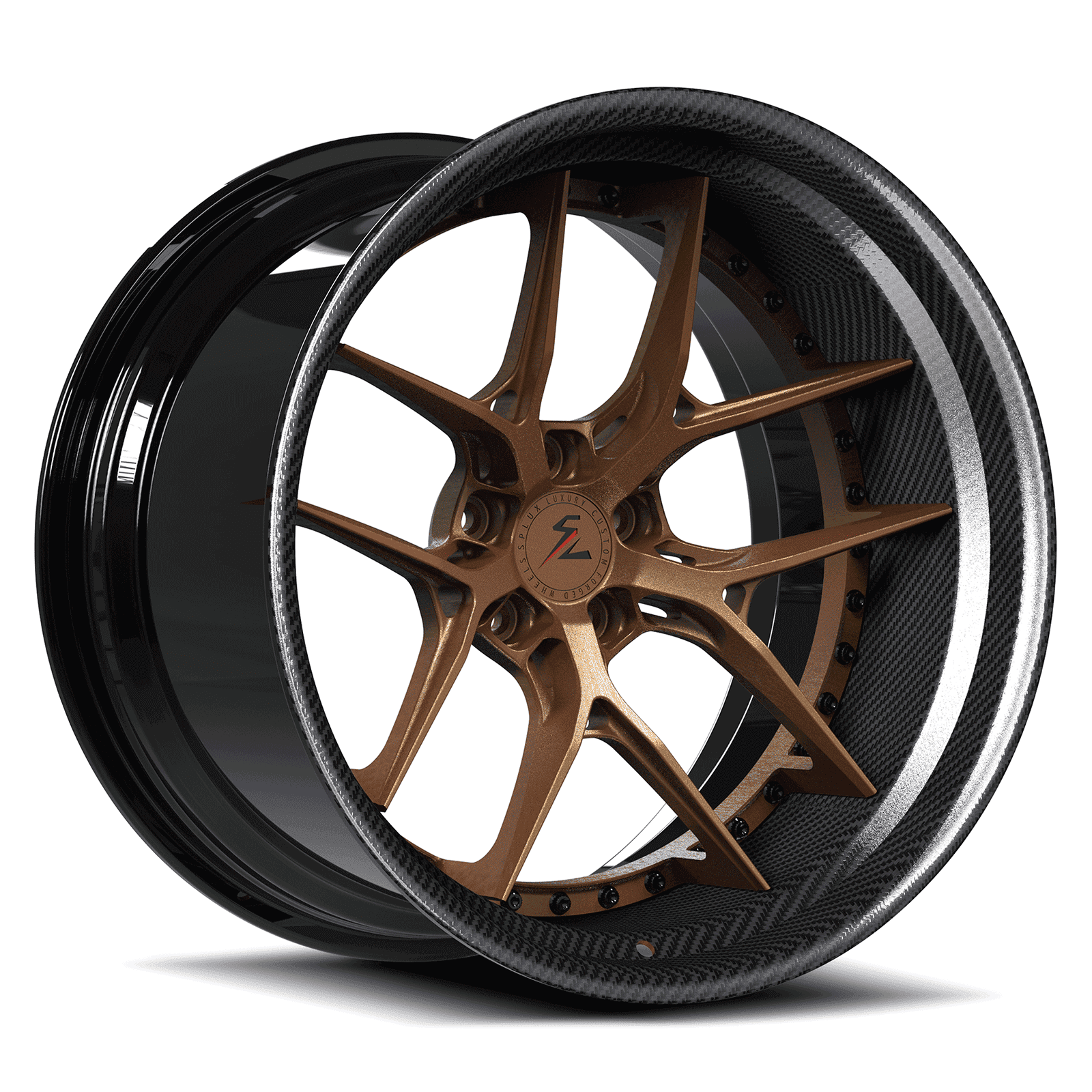 Deep dish wheels 5x114.3 for Dodge Challenger, featuring carbon fiber and bronze 5 lug deep lip rims to upgrade Challenger.