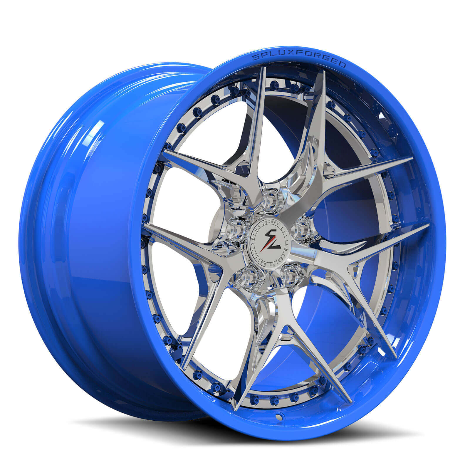 Splux SD-02S polished aluminum and blue forged 2-piece super deep dish wheels for Buick Regal — spoke and lip view.