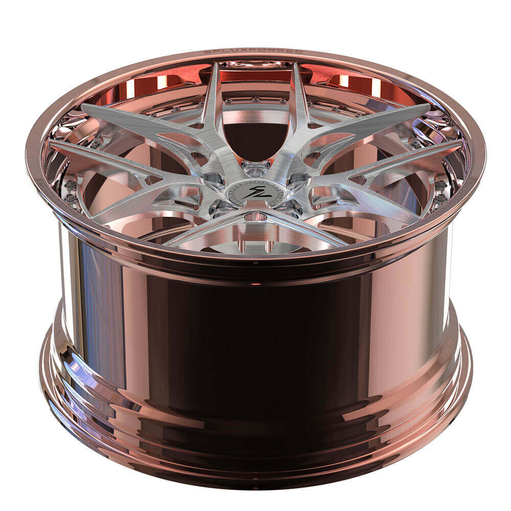 Splux SD-02S polished rose gold and brushed forged 2-piece super deep dish wheels for Buick Regal — three-quarter angle.