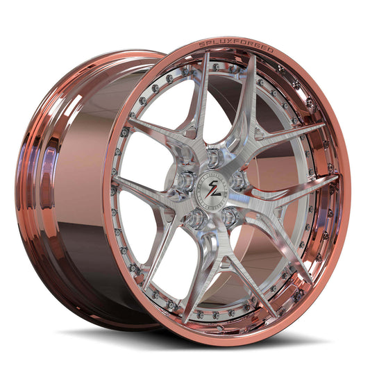 Splux SD-02S polished rose gold and brushed forged 2-piece super deep dish step-lip wheels for Buick Regal — face view.