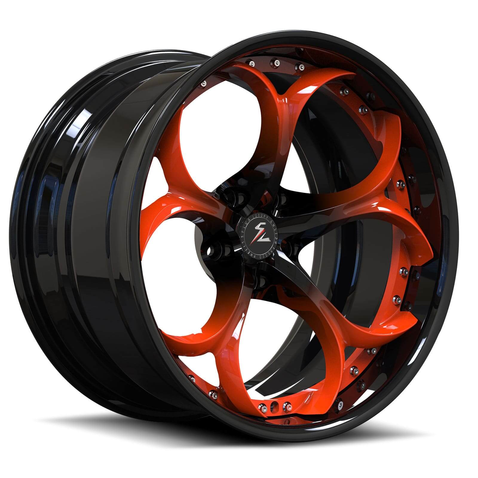 4x114.3 deep dish wheels, 17-inch by Splux. Aftermarket rims for sale with red fade in black, fully forged 2-piece wheels.