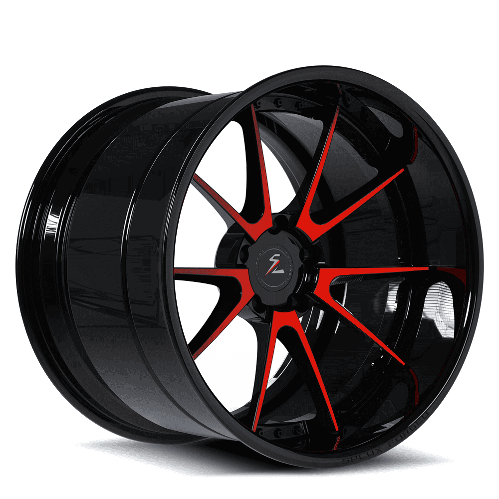 Black rims with red trimming for 2017 Chevy Camaro LT and MINI Cooper Countryman. Custom deep dish forged wheels.