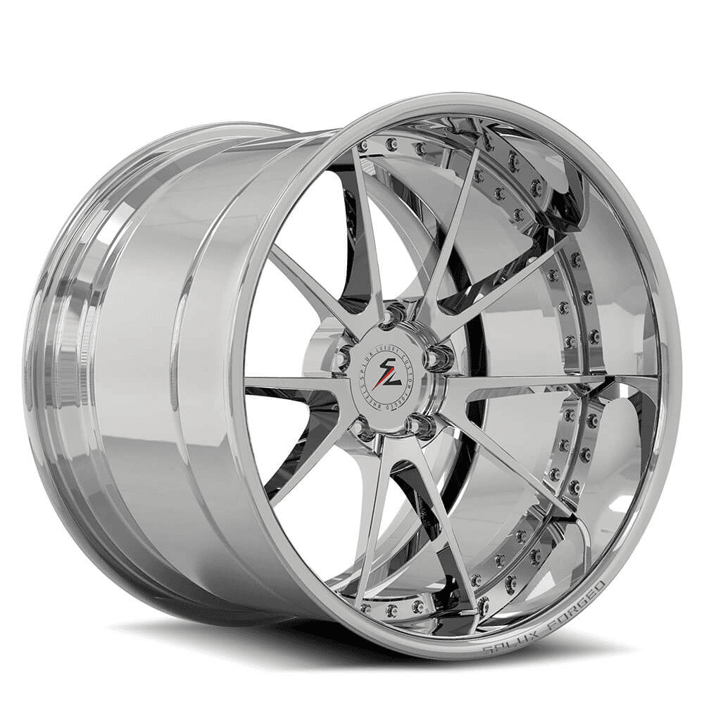 22in black and chrome deep dish 5x114.3 wheels for Aston Martin Bulldog, DB9, DBS, V12 Vantage. Custom forged rims from Splux.