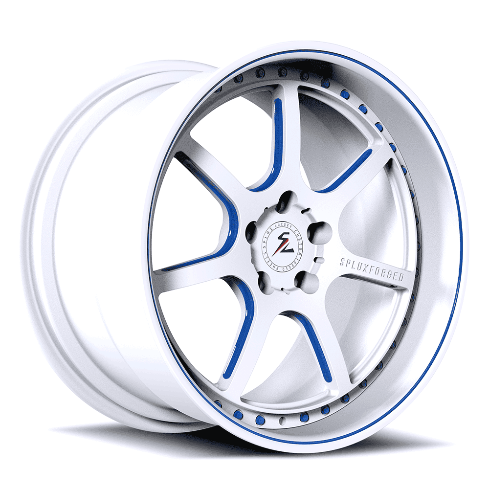Deep dish bullet hole wheels with a white and blue finish. 7-spoke 240sx 5 lug rims deep dish wheels from SD-05.