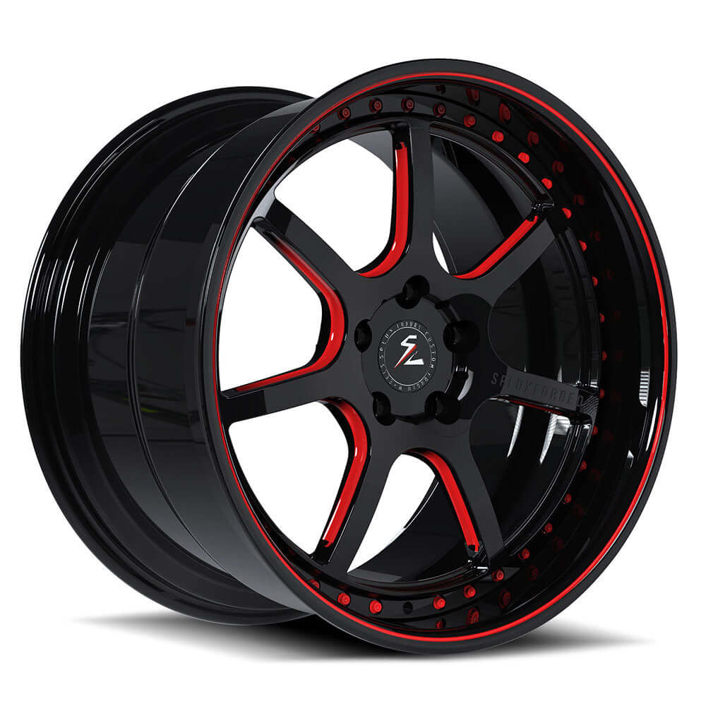 Model Y aftermarket wheels, 21 inch deep dish custom forged 2-piece by Splux SD-05, available in black and red.