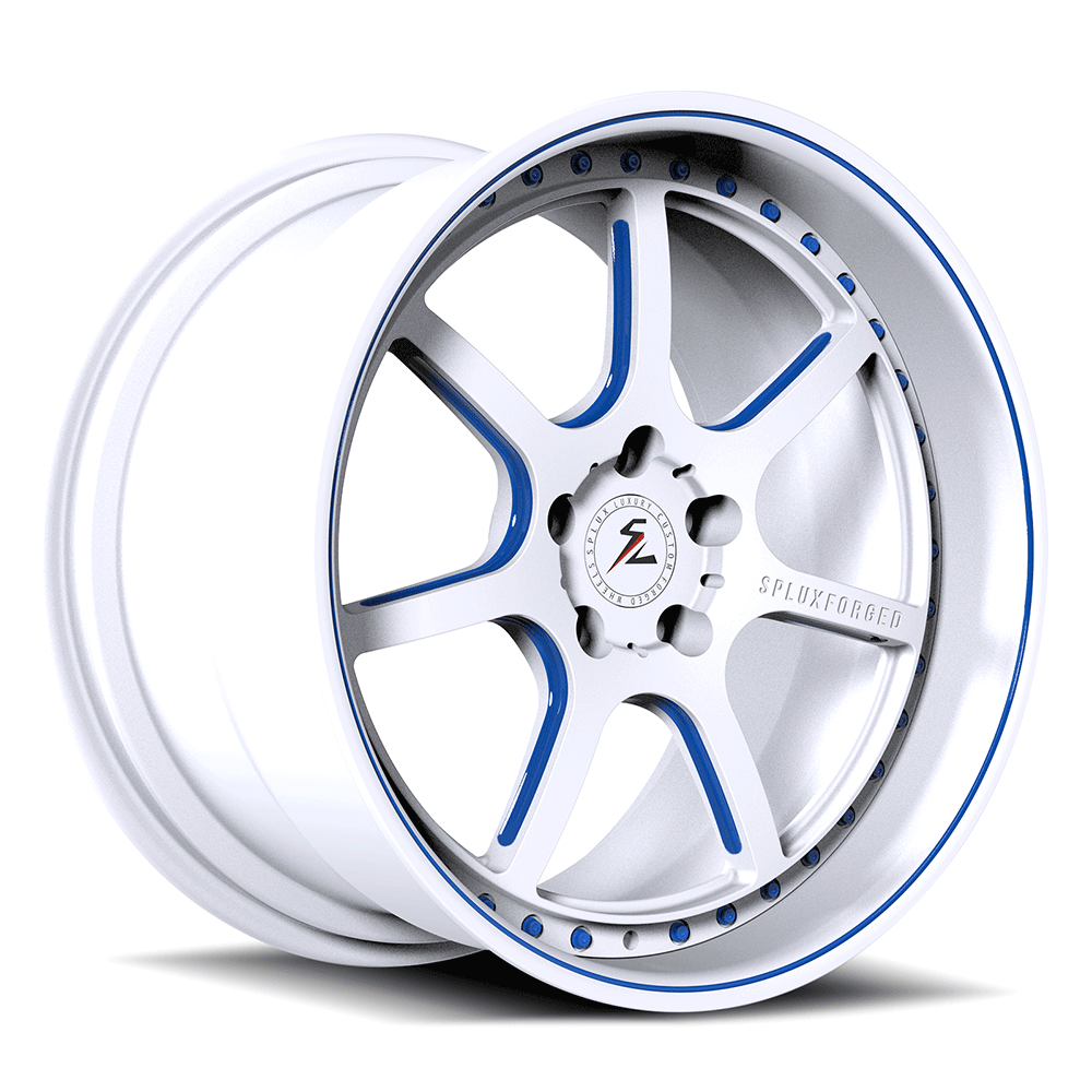 Tesla Model Y aftermarket wheels, 18 inch deep dish custom forged 2-piece from Splux SD-05, available in white and blue.