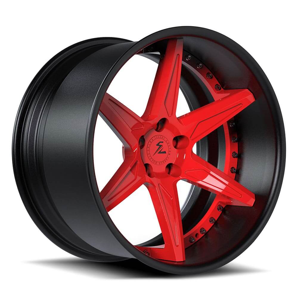 Black and red Jeep rims with deep dish 6-spoke design. Custom-made per order based on your vehicle's bolt pattern.